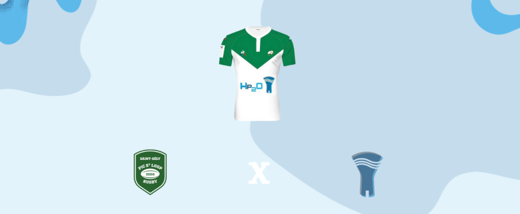 T-shirt de l'équipe de rugby du Pic Saint Loup avec le logo d'Hp2O, fêtant les deux ans de partenariat.