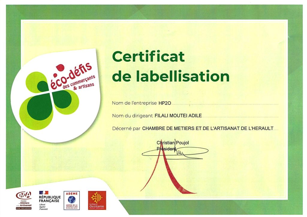 Certificat de labellisation éco-défis pour les commerçants et artisans.