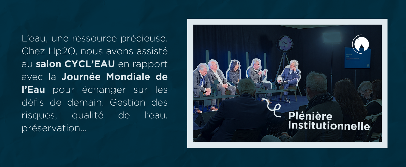 Conférence lors du salon CYCL’EAU sur la gestion de l’eau et les défis environnementaux. Plusieurs experts échangent sur scène, sous les projecteurs, devant un public attentif